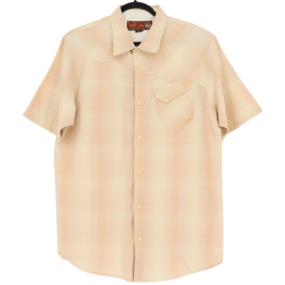 prAna Mens Size XL Orange Plaid Short Sleeve Button Front Western Shirt Cotton